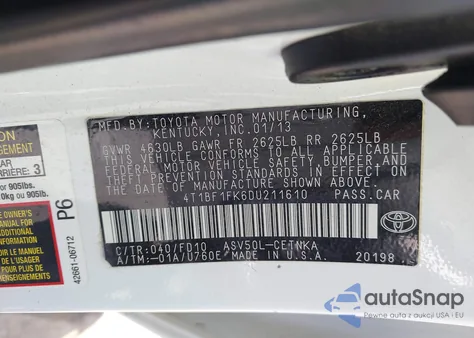 2013 Toyota Camry Le from USA, damaged, VIN 4T1BF1FK6DU211610